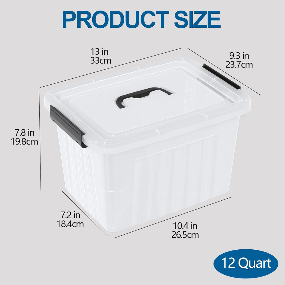 Saedy 6 Pack 12 Quart Plastic Latching Storage Box with Handle, Clear