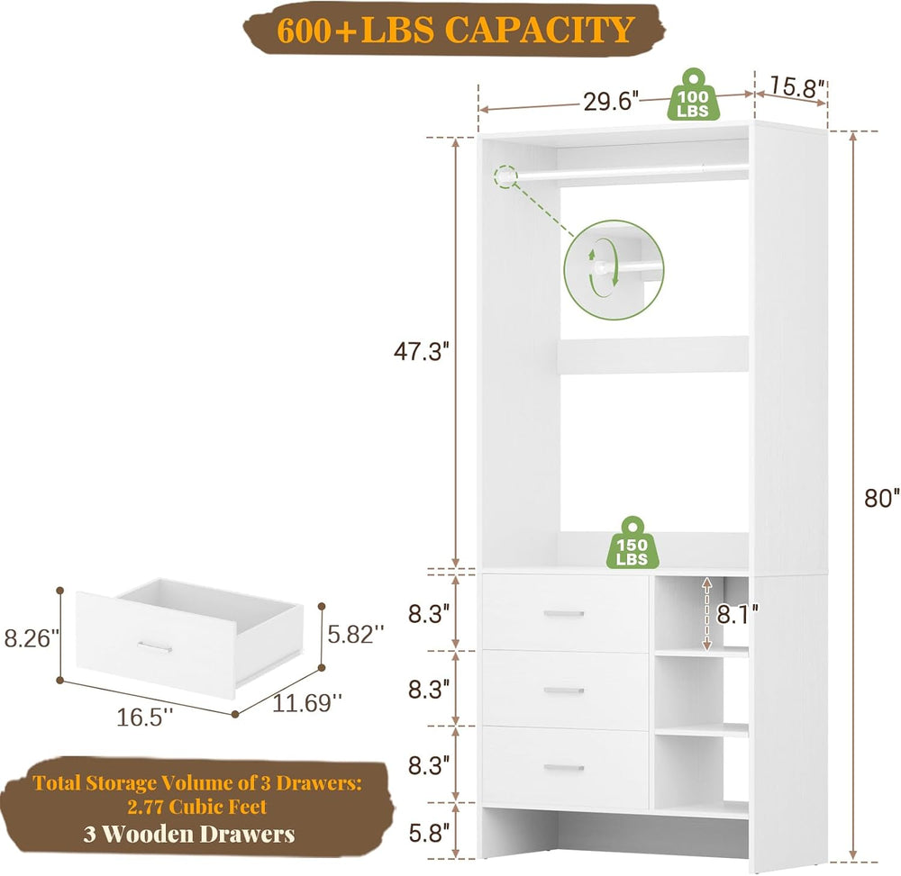 Aheaplus 2.5FT Closet System with 3 Drawers,29.5’’ Closet Organizer, White