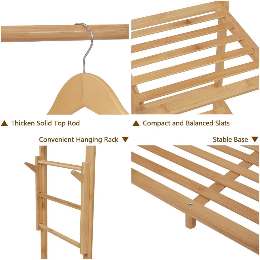 Ufine Bamboo Garment Rack with 6 Tier Storage Shelves & Hanging Rod