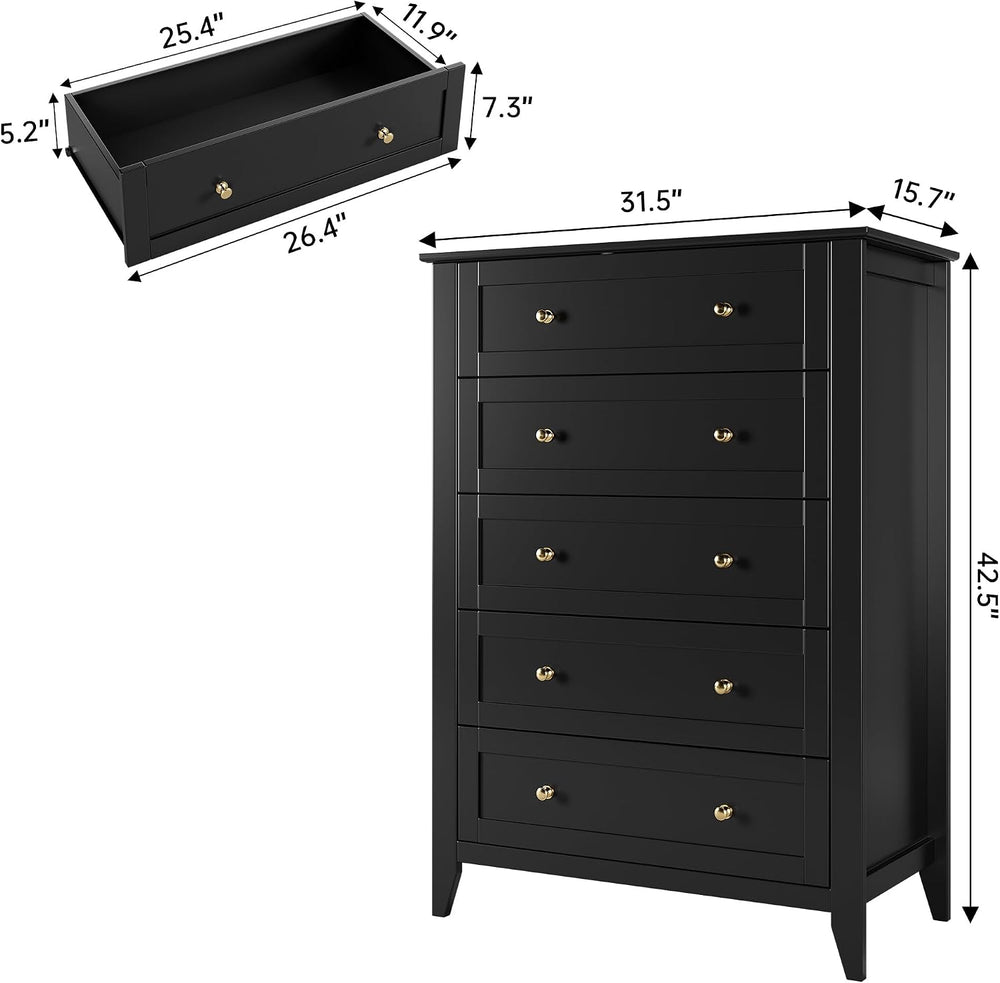 GarveeHome 5 Drawer Dresser for Bedroom, Black Dresser with Deep Drawers &amp...