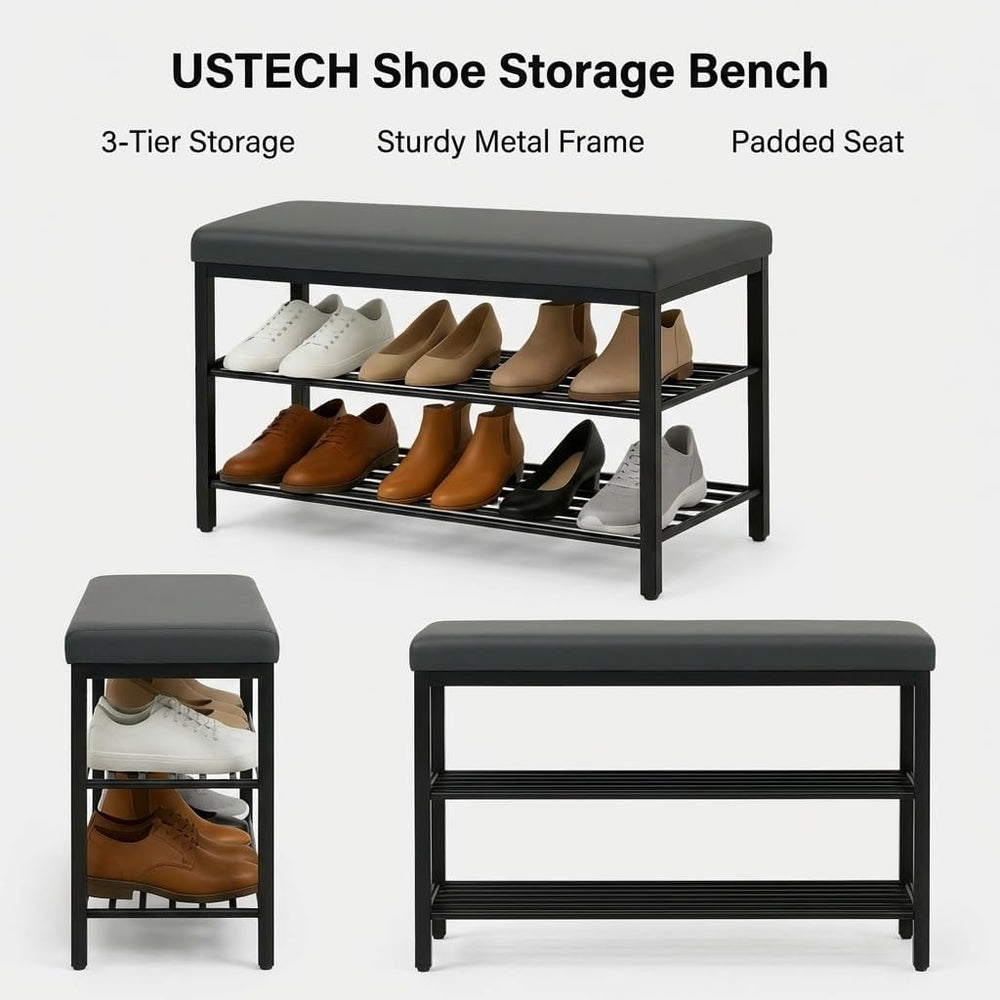 USTECH Shoe Storage Bench with 3 Tier Standing Shelf and Comfortable Seat | P...