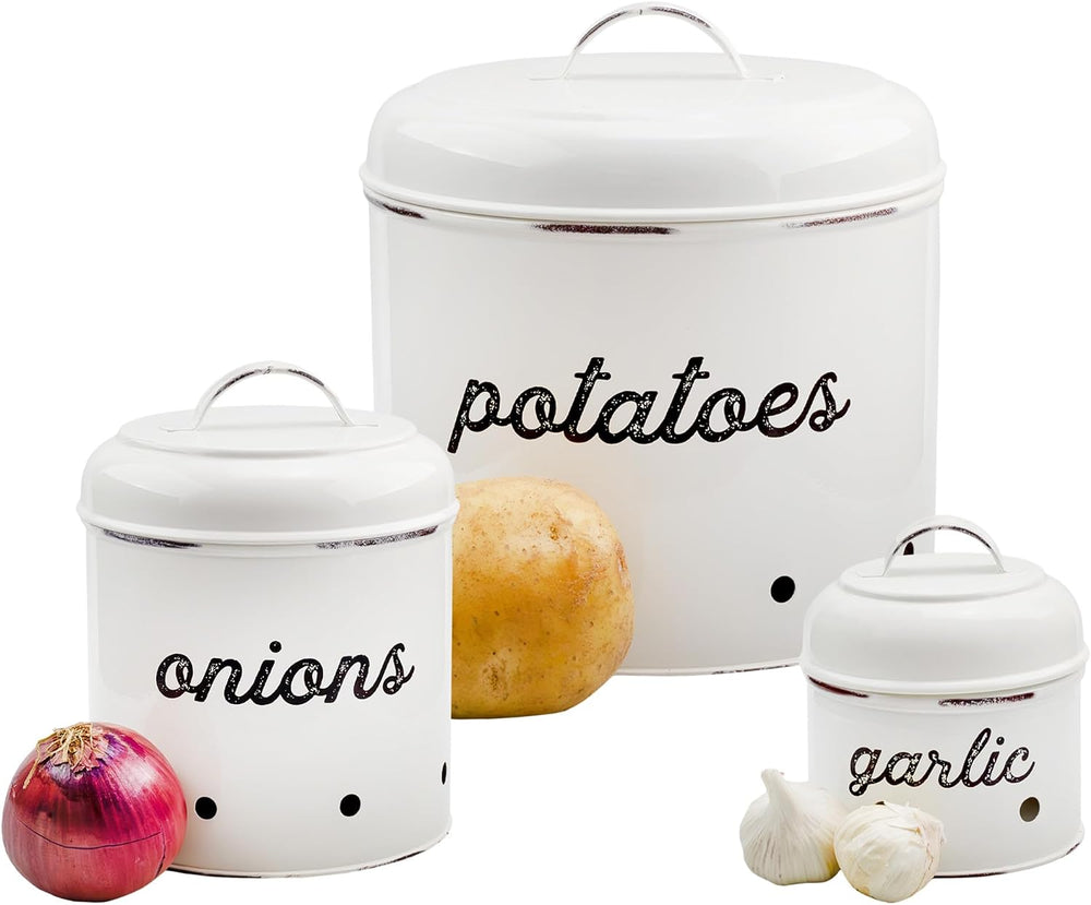 AuldHome Design Potatoes, Onions and Garlic Canister Set; Rustic White Enamel...