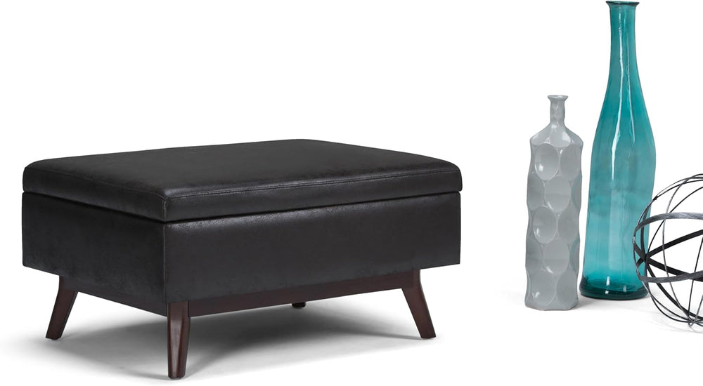 SIMPLIHOME Owen 34" Wide Vegan Leather Rectangle Lift Top Ottoman in Black