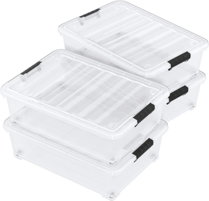 25 Quart Clear Plastic Underbed Storage Bins with Wheels, 4 Packs