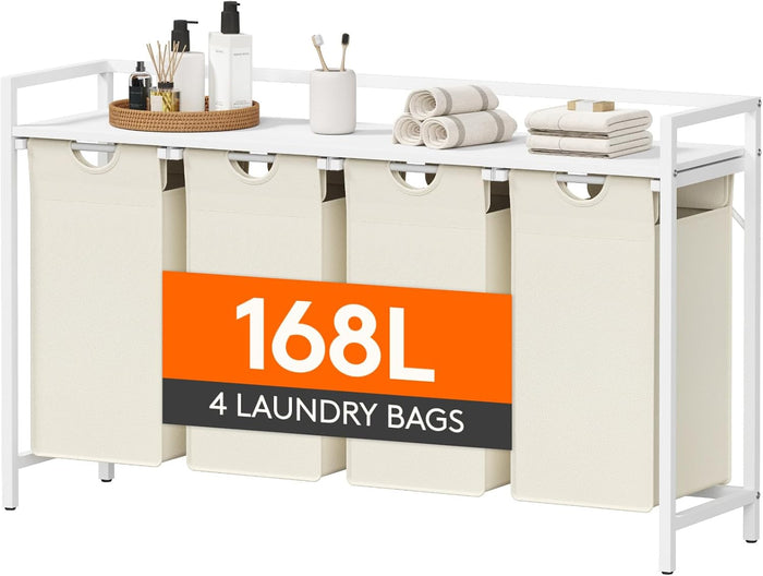 Lifewit Laundry Hamper 4 Section, 168L Pull out Laundry Clothes Basket Organizer with Large Top Shelf and 4 Removable Bags and Handles for Laundry Room Bedroom Bathroom, White with A Shelf