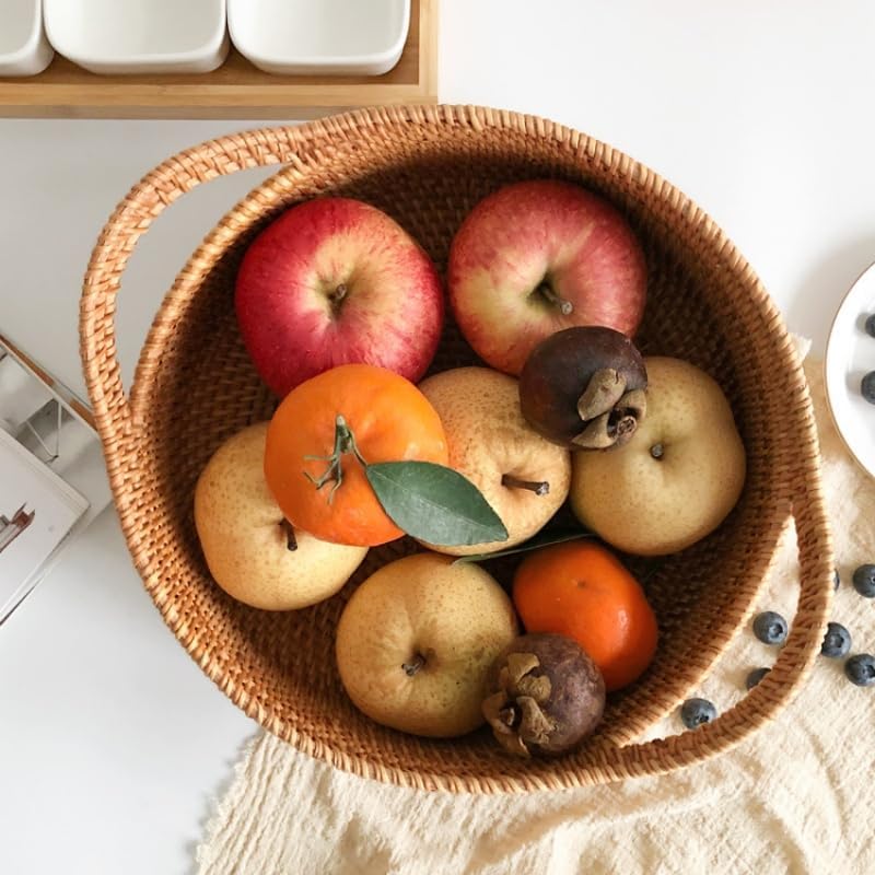 Rattan Storage Basket, Hand Woven Fruit Basket with Handles, Wicker Serving B...