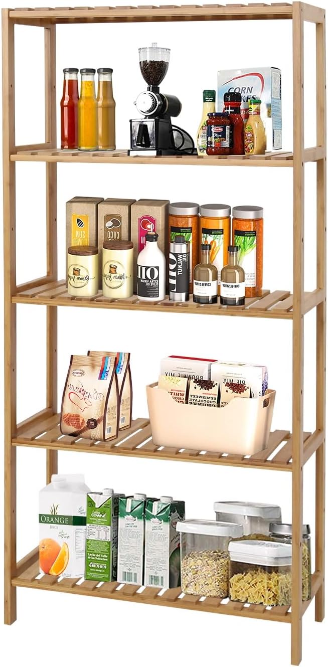 Bamboo Shelf Bathroom 5-Tier Storage Shelves Free Standing Rack Multifunctional Shelving Unit for Bedroom Kitchen Living Room