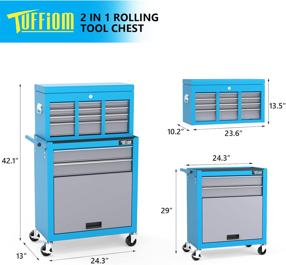 TUFFIOM 8-Drawer Rolling Tool Chest w/Lock, Tool Storage Cabinet w/Wheels, De...