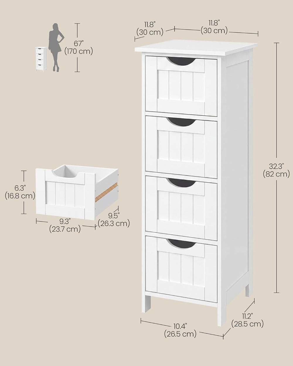 VASAGLE Floor Storage Cabinet, Freestanding Organizer with 4 Drawers