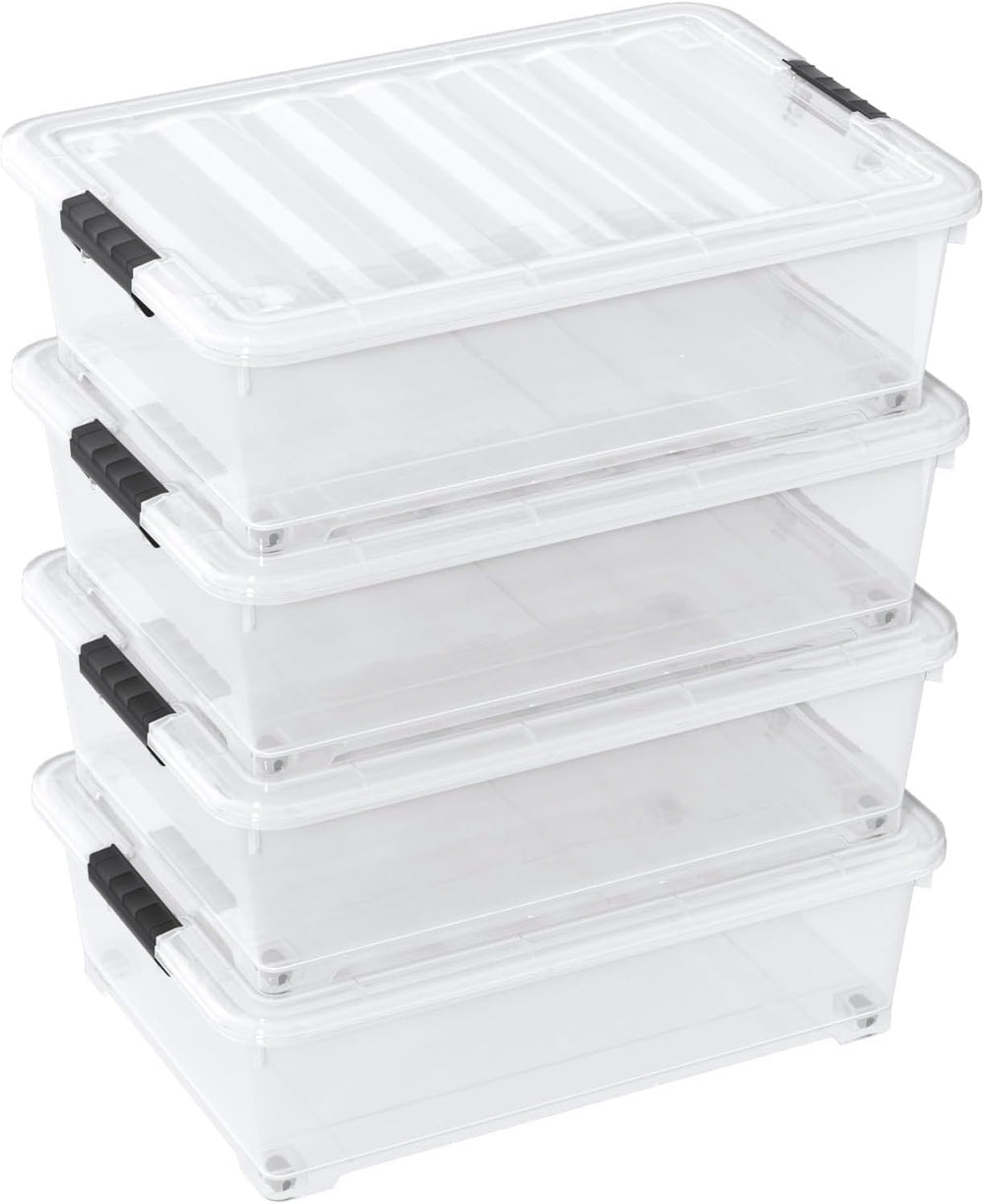 25 Quart Clear Plastic Underbed Storage Bins with Wheels, 4 Packs