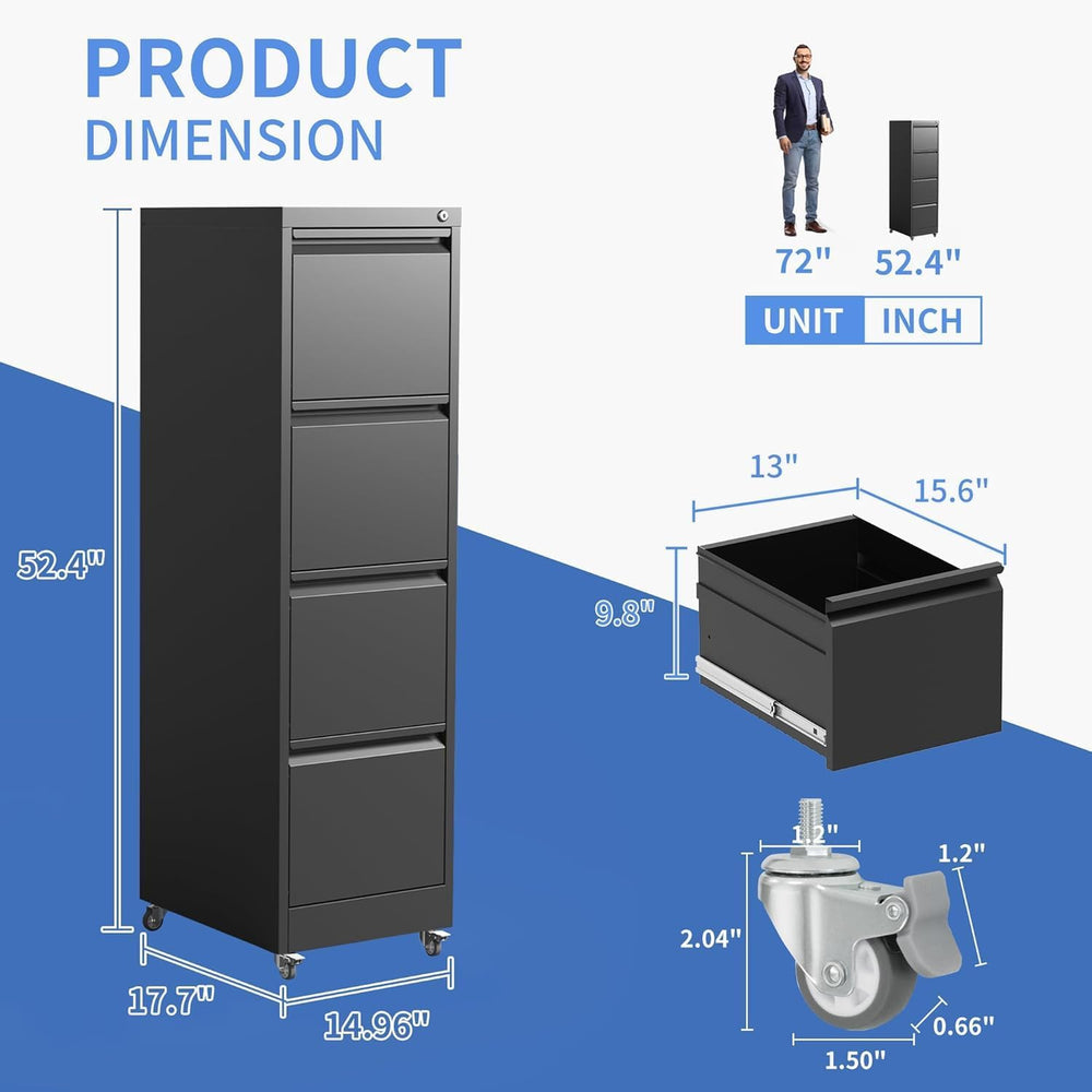 4 Drawer File Cabinet with Wheels, Metal Filing Cabinet with Lock and Wheels,...