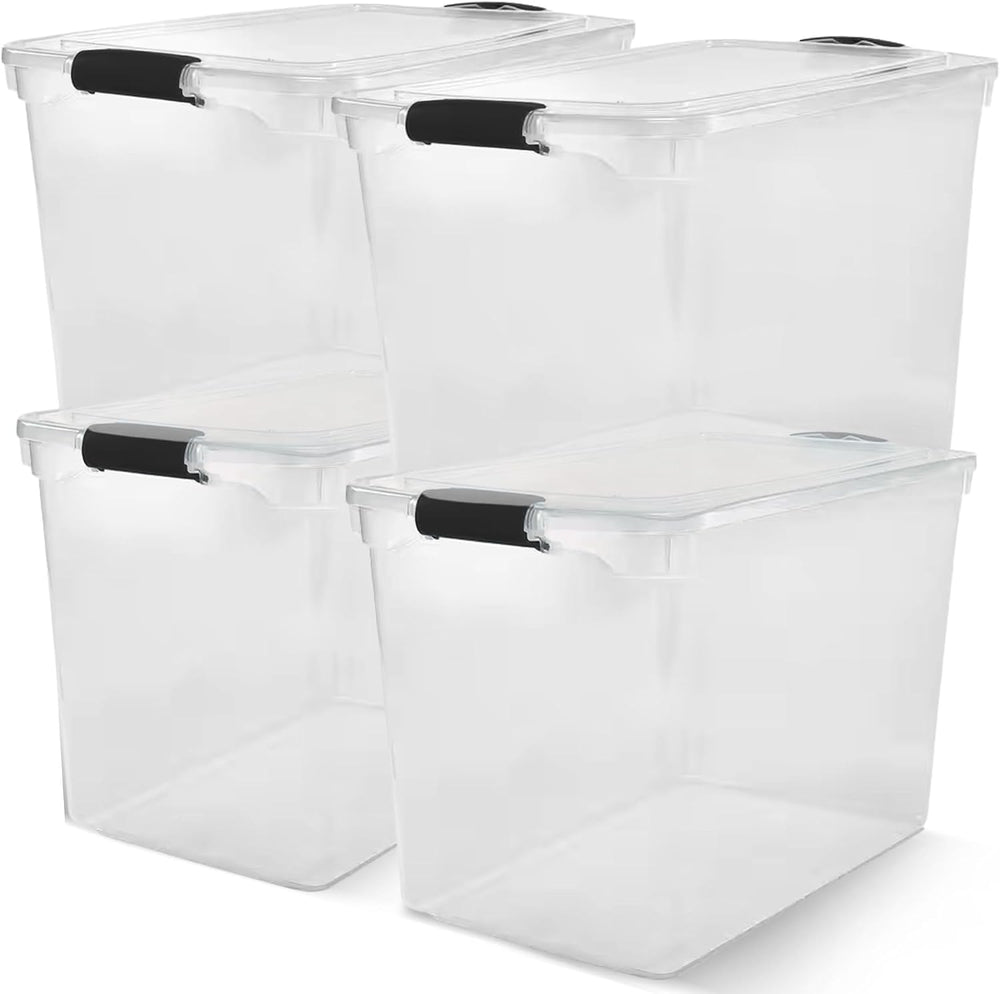 HOMZ 4-Pack Secure Latch, Clear Plastic Storage Organizer Bins, 112 Quart, Gr...