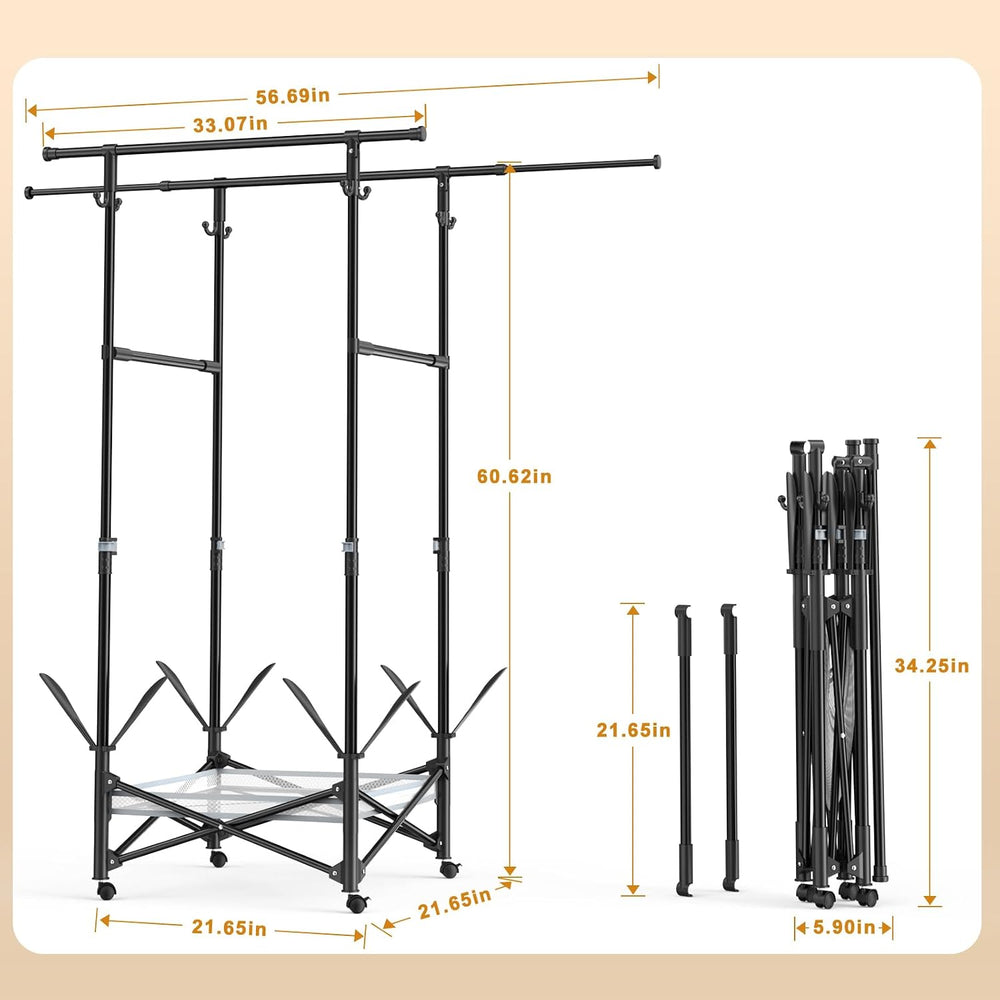 Portable Foldable Clothes Drying Rack - Adjustable Double Extendable Rods (33...