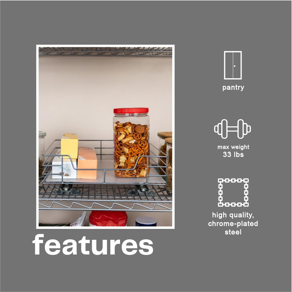 Household Essentials Brushed Steel Pull-Out Pantry Organizer with Plastic Lin...