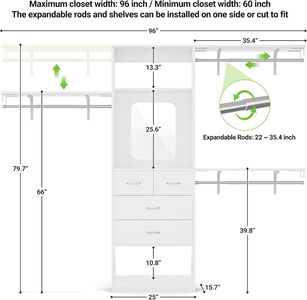 Unikito 8FT Closet System with 4 Drawers, 96" Wood Closet Organizer with...