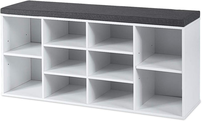 KOTEK Wooden Shoe Bench with Cushion, 10-Cube Shoe Rack Cabinet w/Adjustable Shelves, Shoe Storage Organizer for Living Room, Bedroom, Entryway (White)