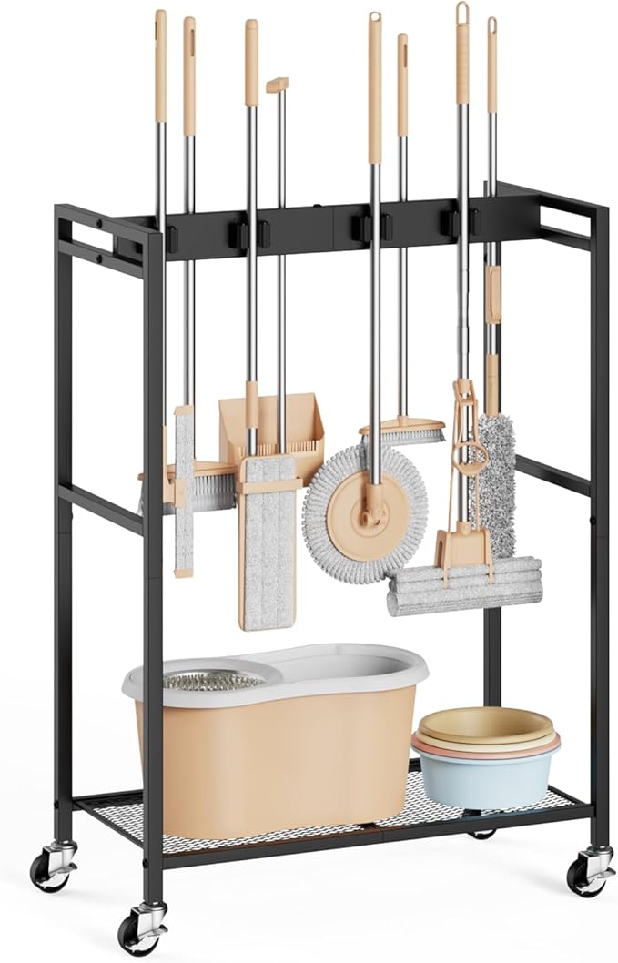 BORISI Broom And Mop Holder, Movable Broom Closet Storage Cabinet, Cleaning Cart