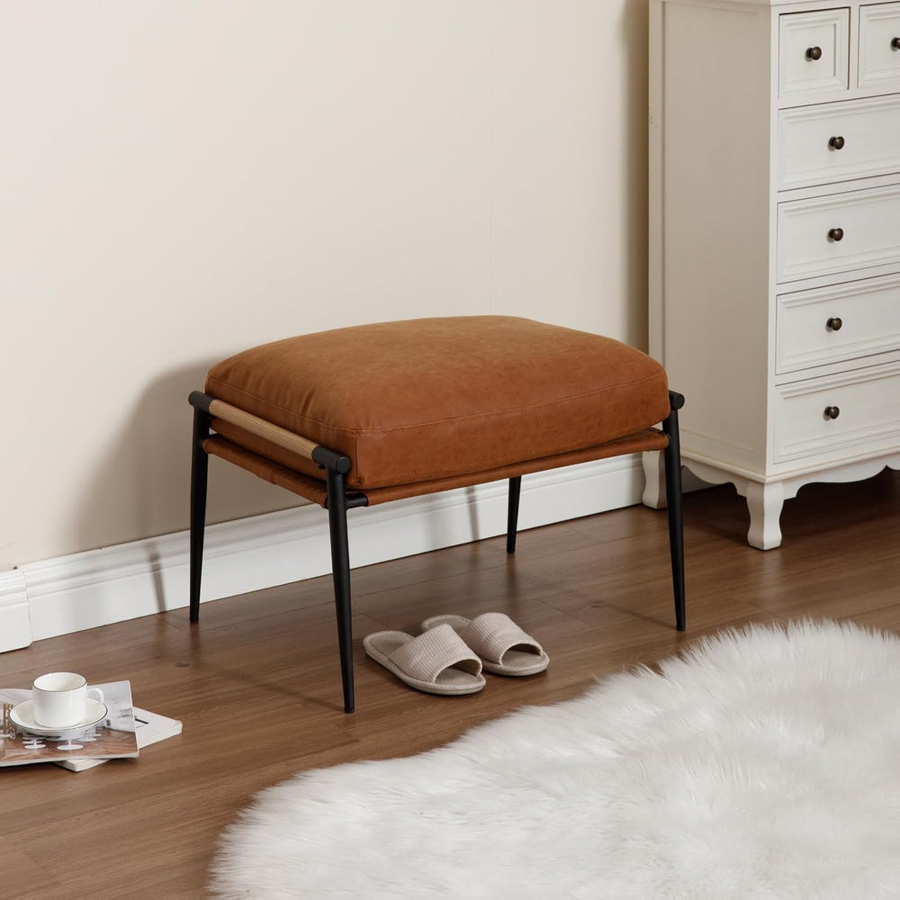 DUOMAY Cute PU Leather Single Footrest, Upholstered Footstool with Black Meta...