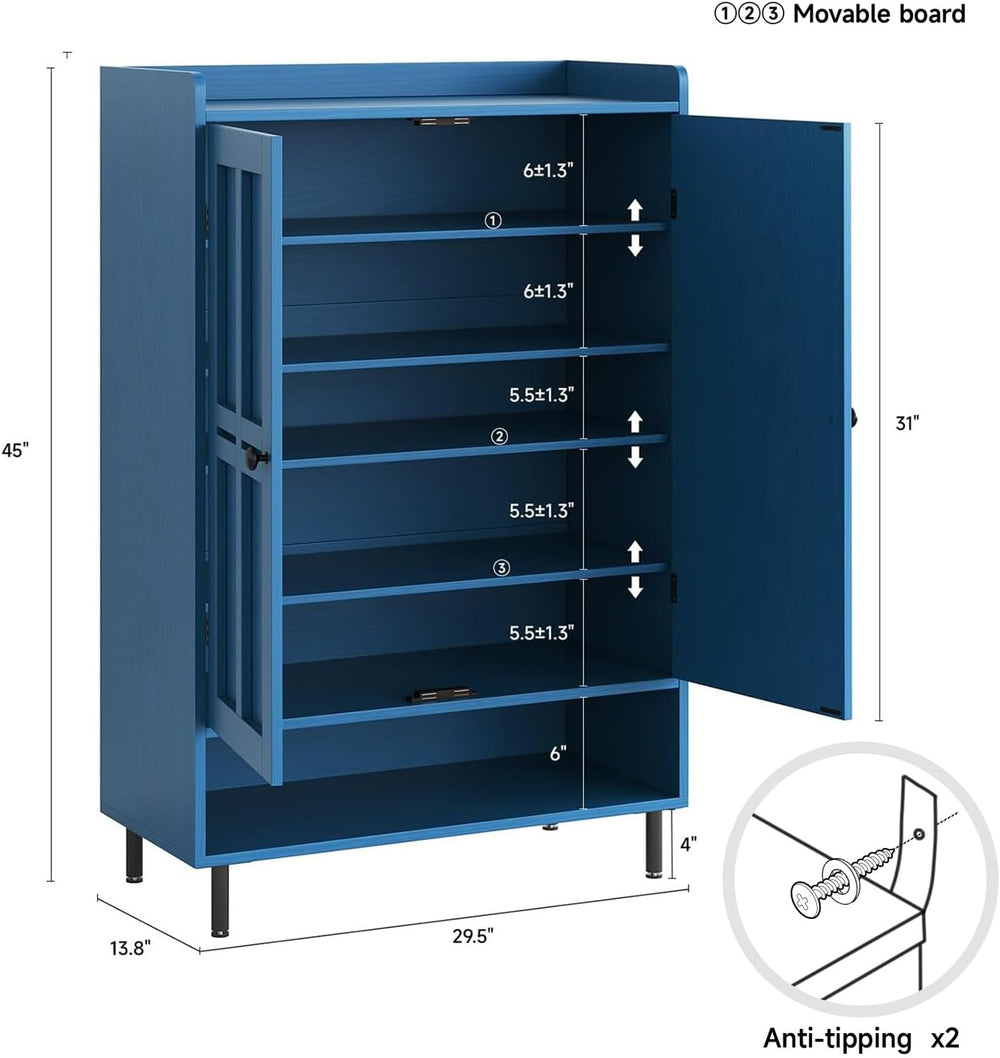 ComfyCorner Shoe Cabinet with Cross Molding Doors, 6-Tier Storage, Blue