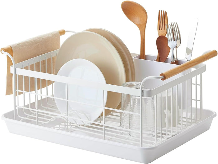 YAMAZAKI Home Dish Drying Rack – Modern White Dish Rack for Kitchen Counter with Removable Drying Tray and Cutlery Holder, Steel + Wood Dish Drying Organizer - Steel + Wood -