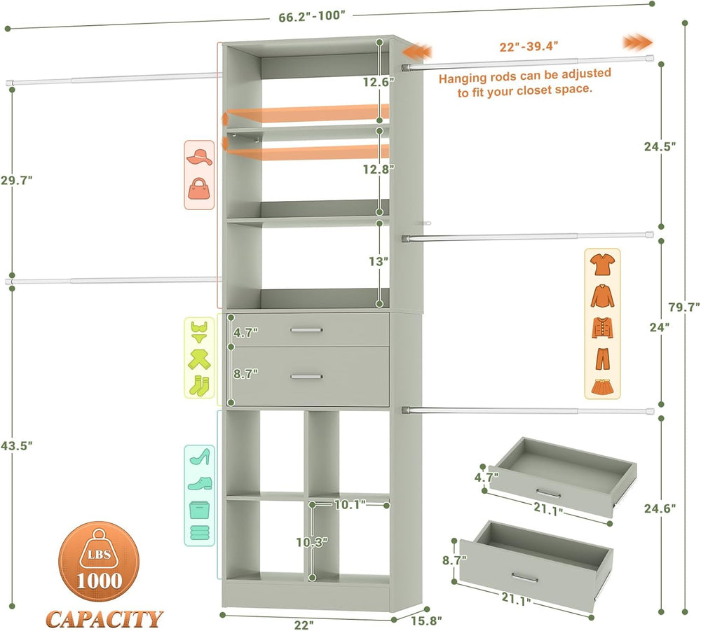 Besiost Closet System, 4-8 FT Closet Organizer Tower with 2 Wooden Drawers an...