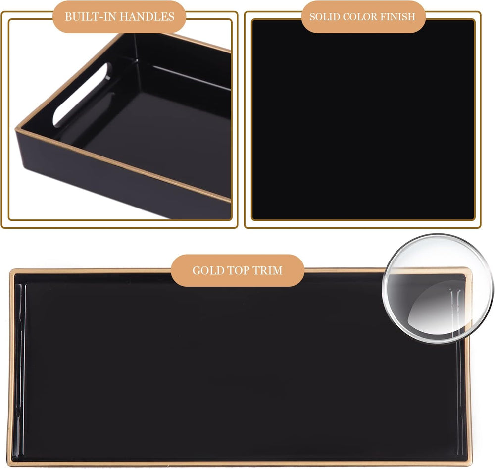 Black Vanity Tray Set of 2, Rectange Toilet Tank Trays with Handles