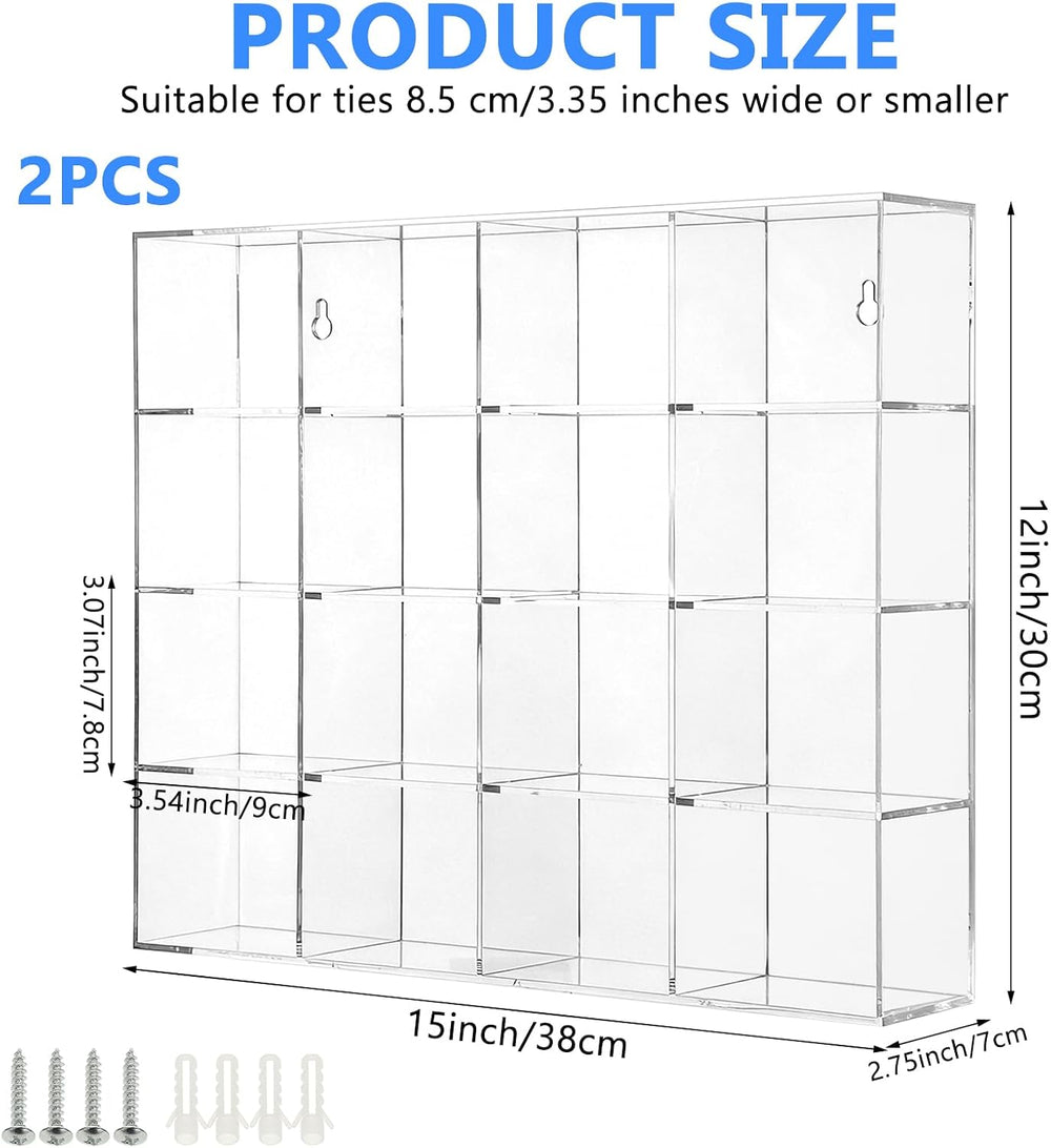 2 Pack Tie Box Organizer Wall Mounted Tie Rack Clear Acrylic with 16 Compartm...