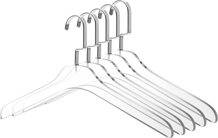 Quality Clear Acrylic Lucite Coat Suit Hangers, Stylish Clothes Hanger with Silver Hook - Coat Hanger for Dress - Closet Organizer Adult Hangers Gloss Silver Chrome - 5 Pack