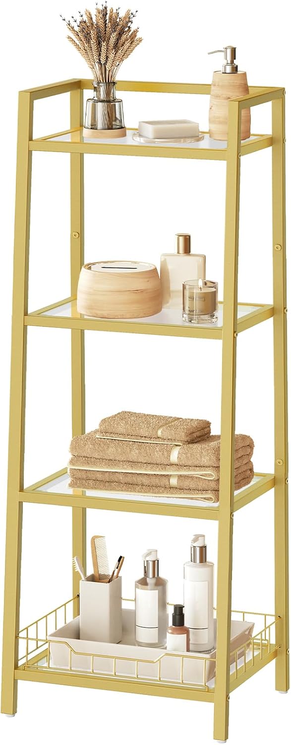 HOOBRO Gold Glass Shelf Stand, 4 Tier Standing Shelf Unit, Bathroom Organizer...