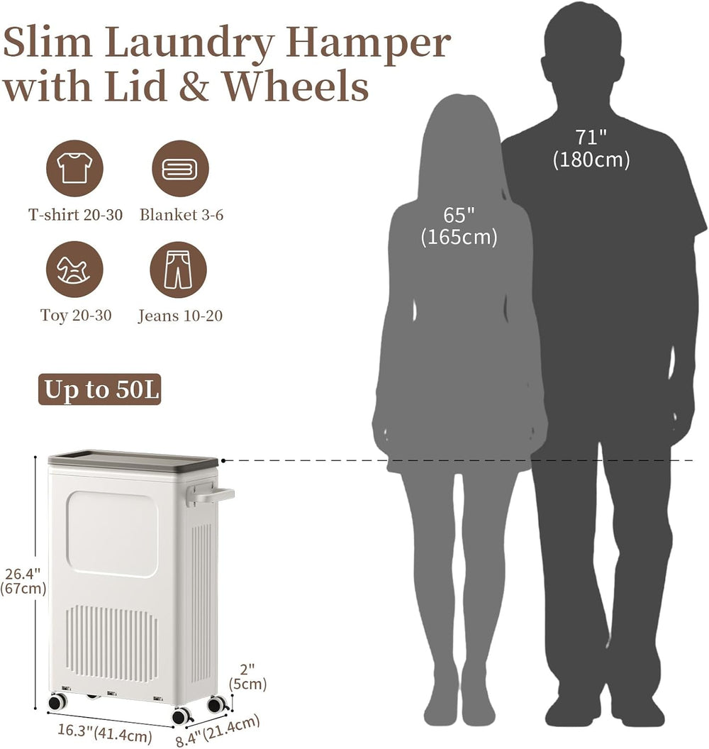 Slim Laundry Hamper with Lid 50L Rolling Basket