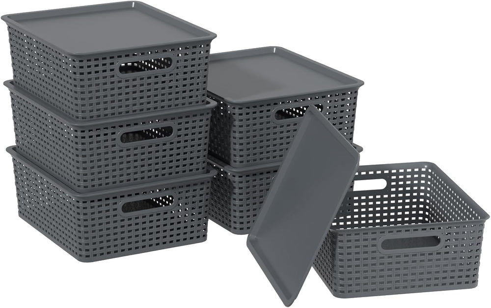 Plastic Storage Baskets with Lids, Organizer Bins, 6-Pack, Gray