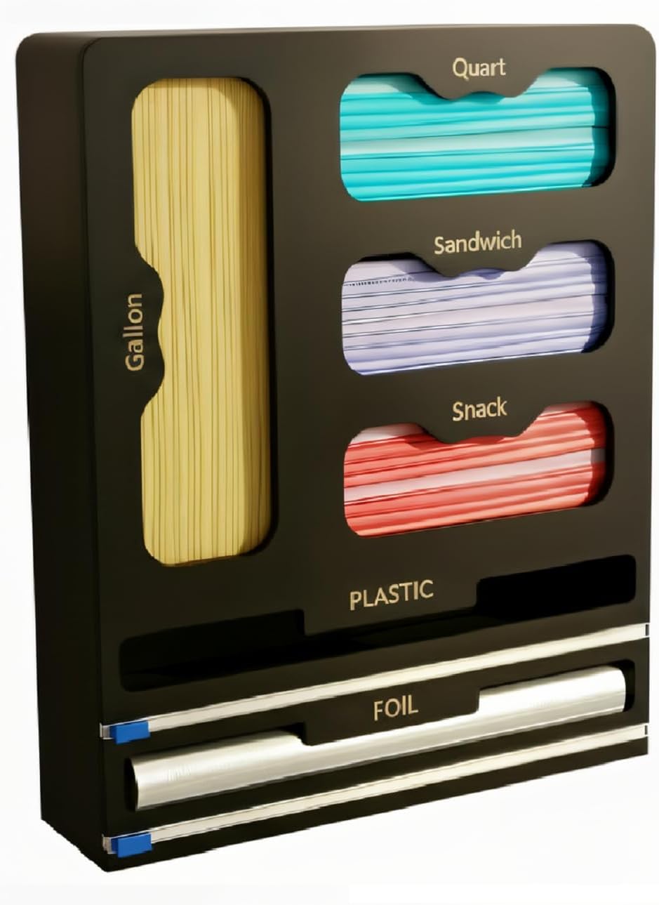 Storage Bag organizer, 6 in 1 Foil and Plastic Wrap Dispenser with Cutter, Ba...