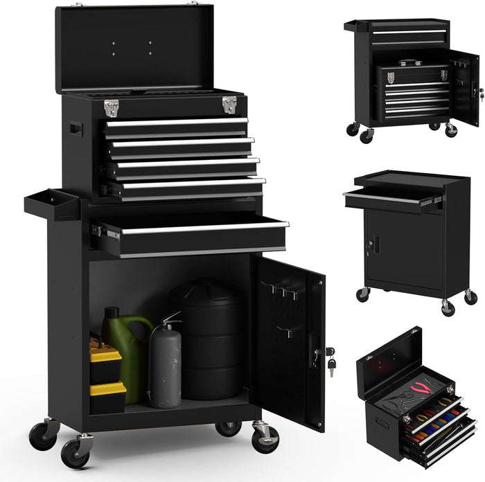 5-Drawer High Capacity Rolling Tool Box, Removable Cabinet Storage Tool Chest with Wheels and Drawers, Detachable Toolbox with Lock for Mechanics Garage Workshop and Tool Room (Black)