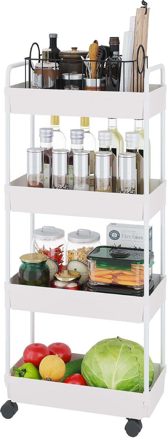 Buzowruil Rolling Storage Cart 4 Tier Organizer Mobile Shelving Unit Storage ...