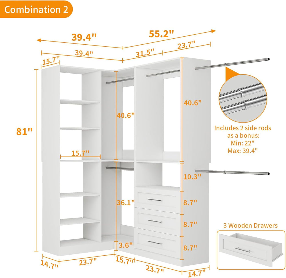 Closet System with 3 Drawers, Corner Closet Organizer Systems with 7 Shelves ...