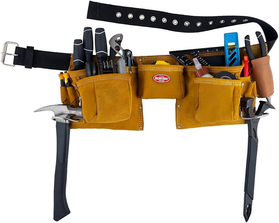 Bucket Boss 3 Tool Bag Suede Leather Tool Apron Tool Belt, with Sewn-On Belt ...