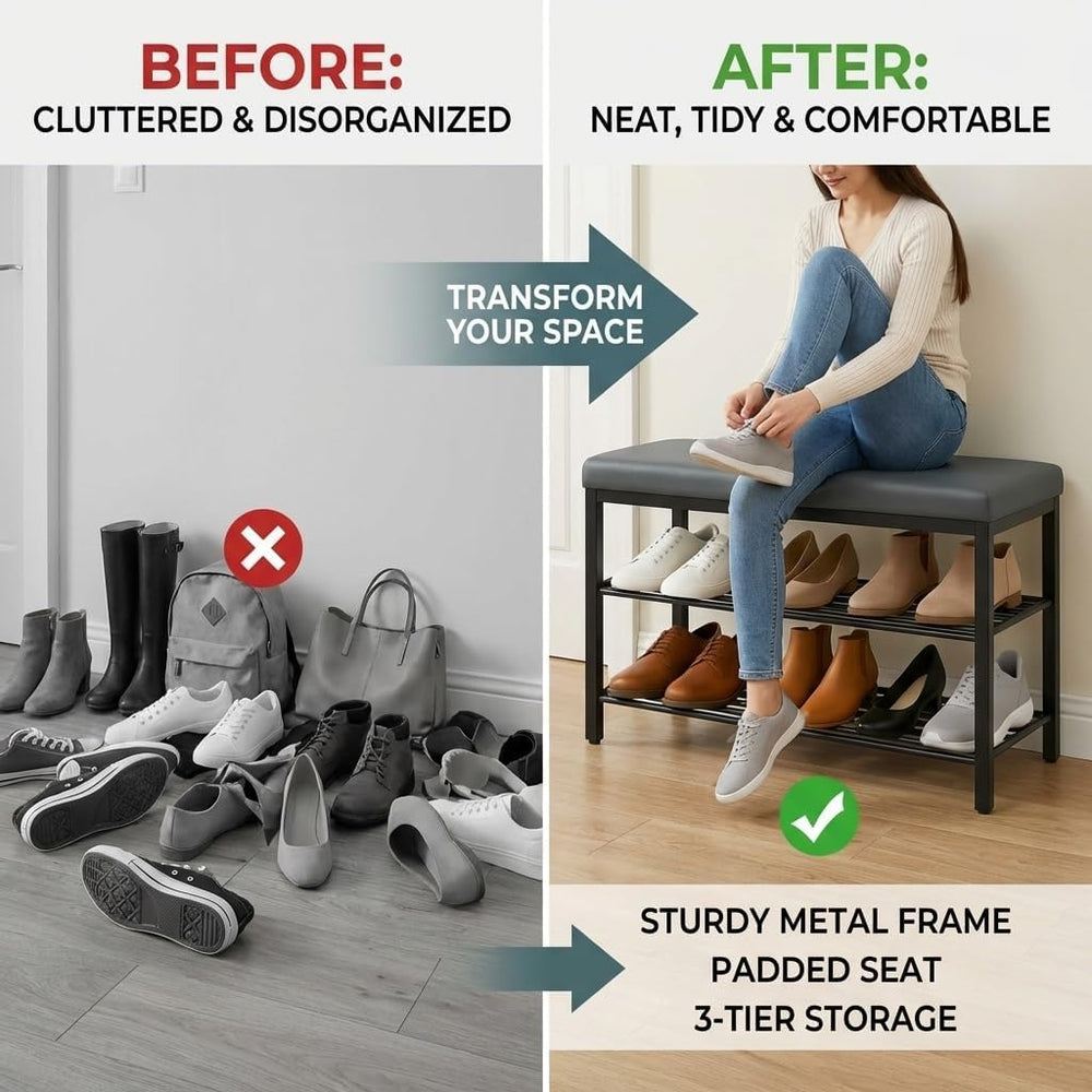 USTECH Shoe Storage Bench with 3 Tier Standing Shelf and Comfortable Seat | P...