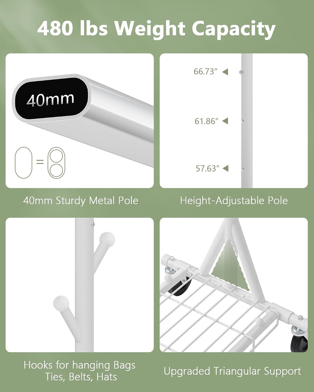 Hoctieon 1-Minute Assembly Clothes Rack, 480 lbs Heavy Duty Rolling Clothing ...