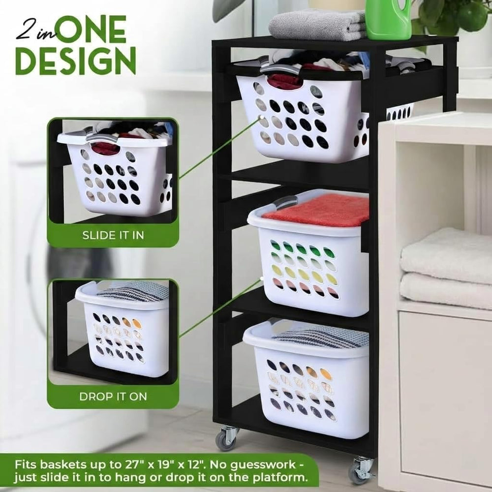 Laundry Basket Holder Shelf, Stackable Laundry Sorter (Black, 3 Tier)