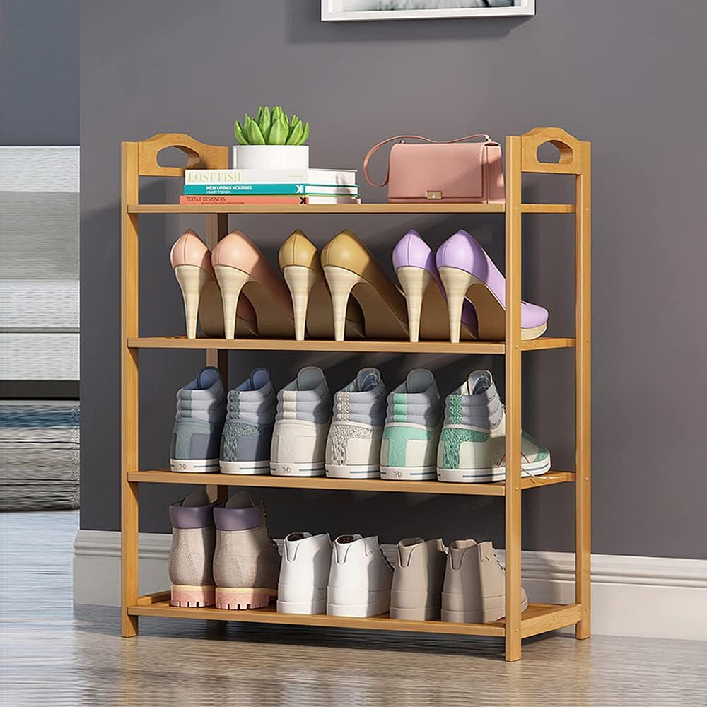4 Tier Bamboo Shoe Rack,Shoe Organizer Free Standing Entryway Shoe Tower Shel...