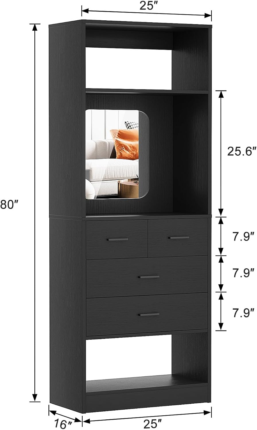 Unikito 25" Closet System with 4 Drawers, Storage Shelves, Mirror Design