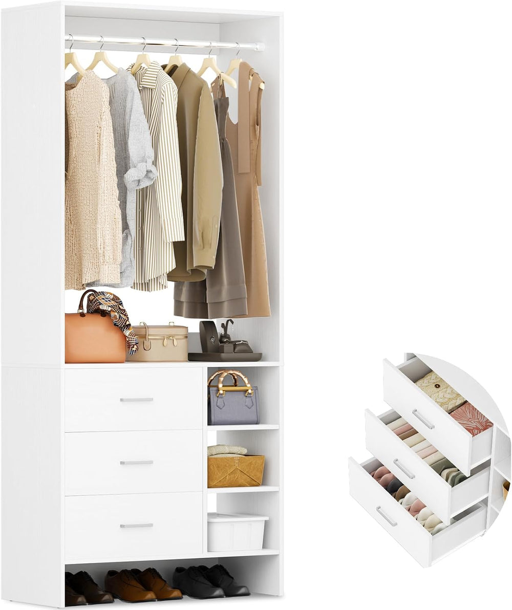 Aheaplus 2.5FT Closet System with 3 Drawers,29.5’’ Closet Organizer, White