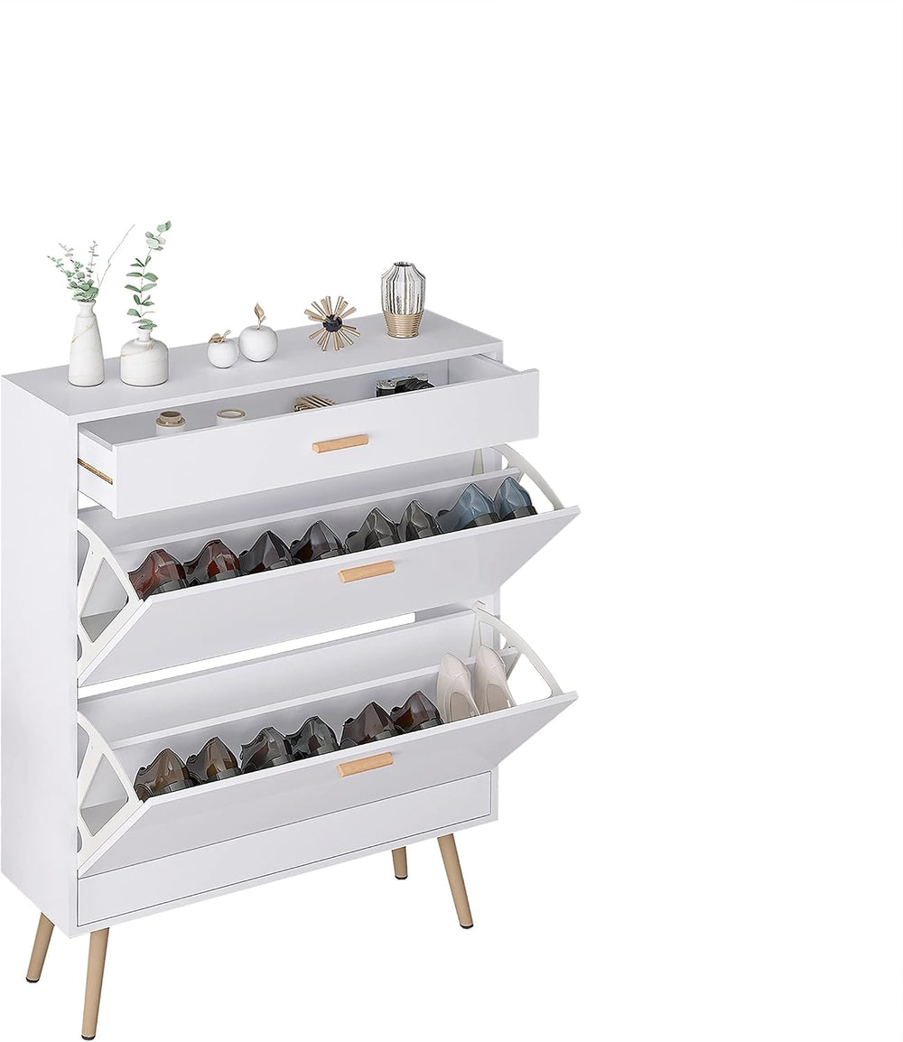 White Shoe Cabinets with 2 Flip Drawers, Tipping Bucket 2-Tier 16 Pairs Shoe ...