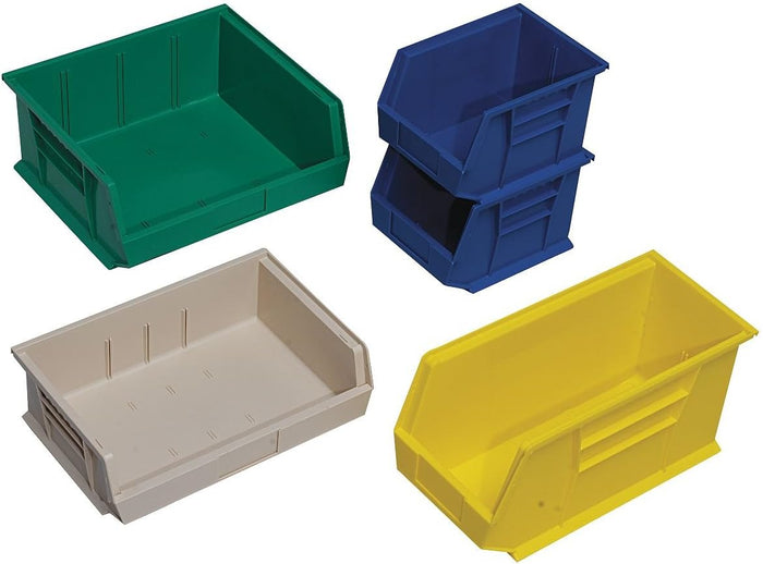 Quantum Storage QUS239 Heavy-Duty Stackable Plastic Storage Bins for Workshop, Warehouse & Garage, Ultra Stack & Hang, 10-3/4" x 8-1/4" x 7", Yellow, 6-Pack