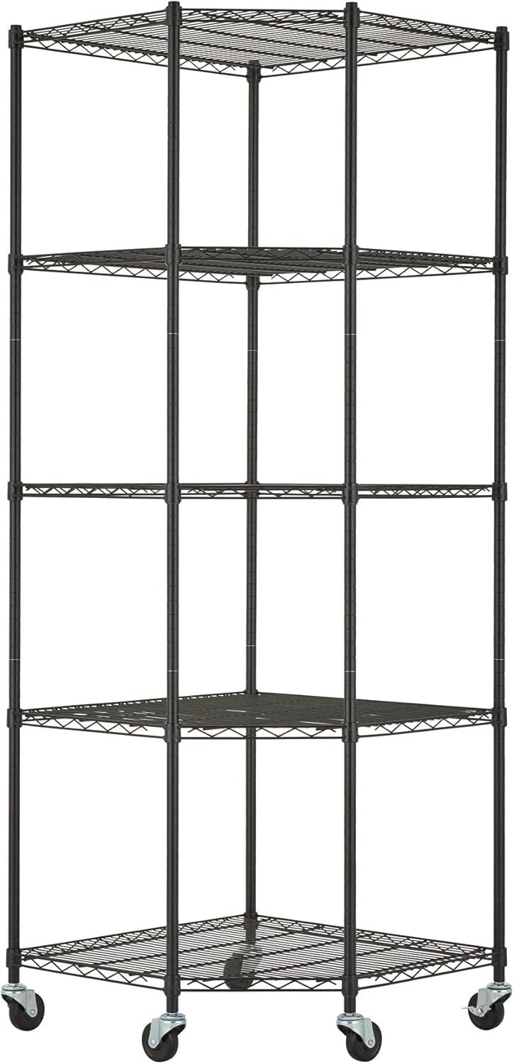 5-Tier Adjustable Wire Shelving with Wheels, Corner Wire Shelf Rack for Kitch...