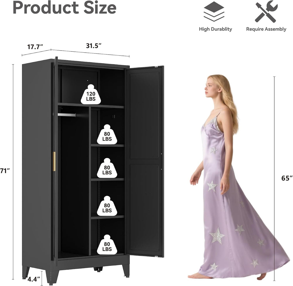 71" Metal Storage Cabinet, Tall Utility Closet Cabinet with Hanging Rod,...