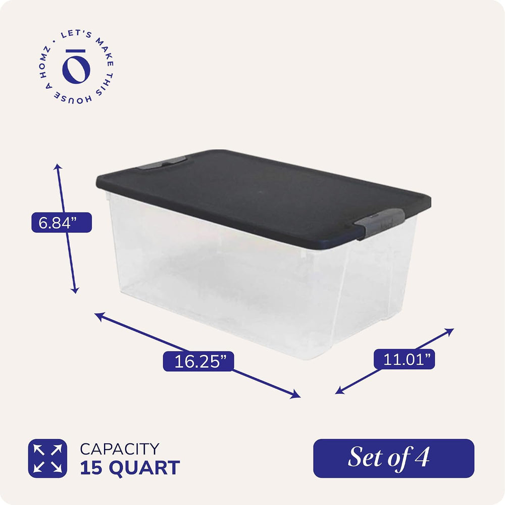 HOMZ Secure Latch, Clear Plastic Storage Organizer Bins, 15 Quart, 4 Pack