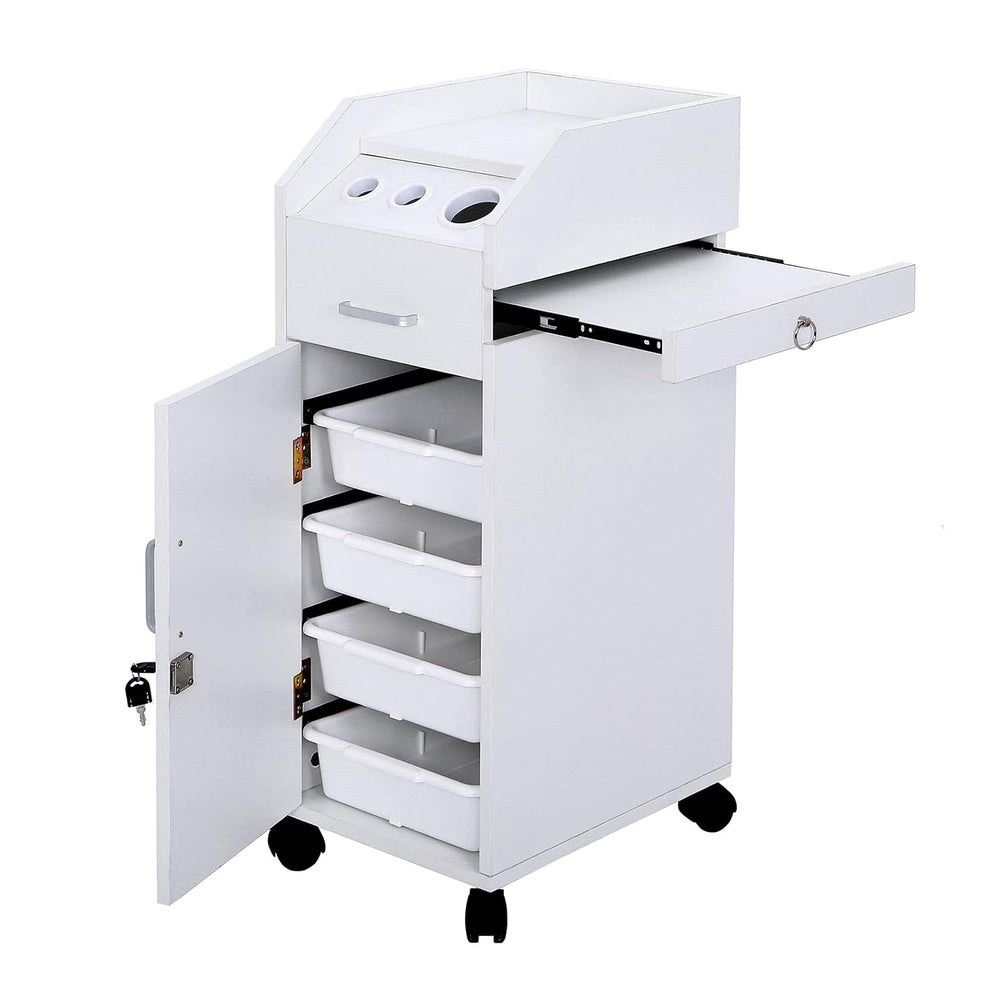 Winado Salon Trolley Cart with 4 Trays, 3 Hair Dryer Holders, White