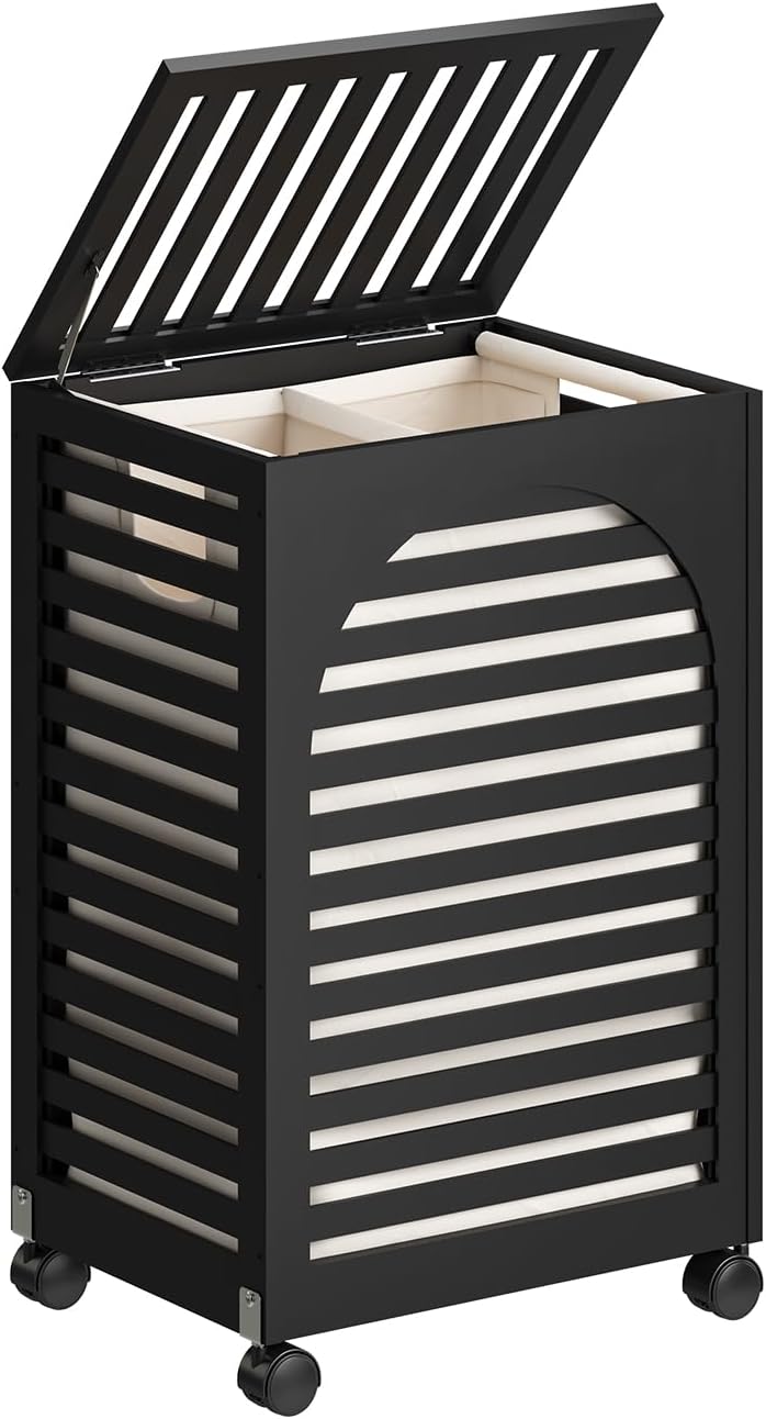 Black Laundry Hamper with Wheels, Laundry Basket with Lid, 22.5 Gallon (85L) ...