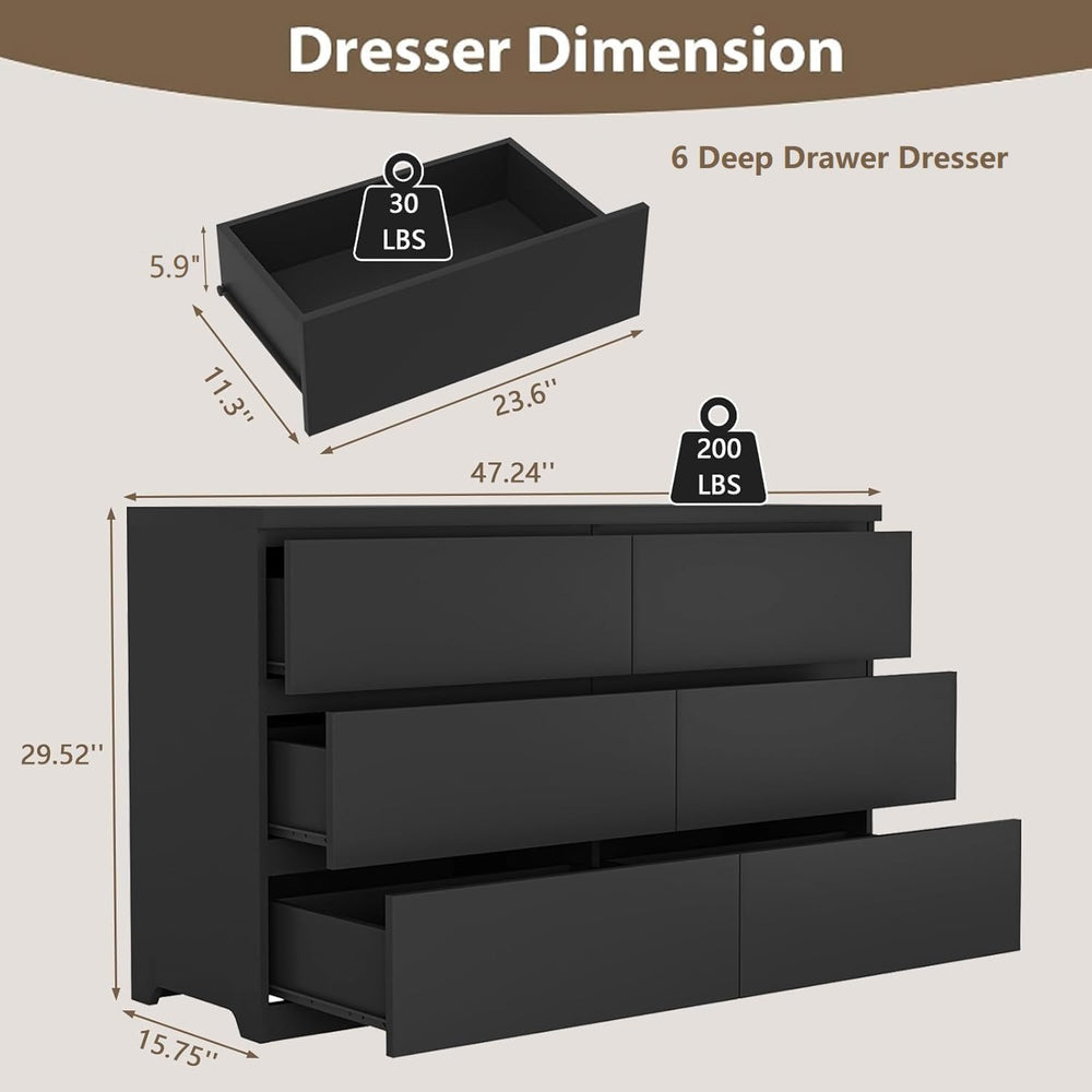 Black 6 Drawer Dresser for Bedroom,Modern Deep Drawer Dresser,Wide Long Stora...